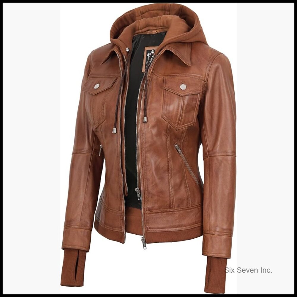 Lambskin Leather Jacket With Detachable Hood, Zipper Closure